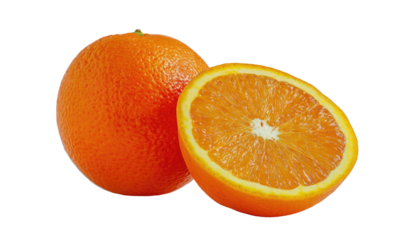 A whole and halved bright orange citrus fruit isolated on black