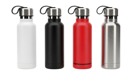 Four reusable water bottles in white, black, red, and silver