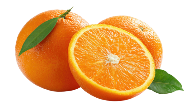 Fresh, vibrant oranges, one sliced, showcasing juicy segments and leaves