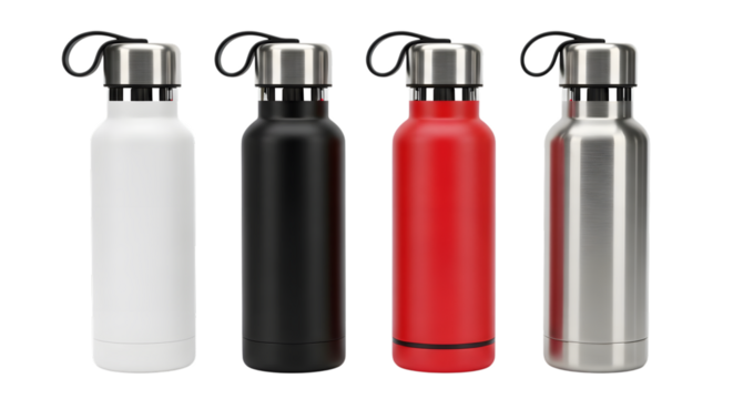 Four reusable water bottles in white, black, red, and silver