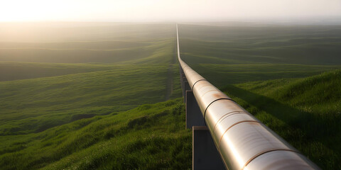 Silvery main pipeline receding into the distance, running across endless, sun-drenched, green rolling hills, symbolizing global energy transport.