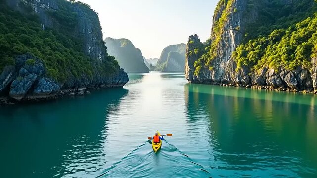 Kayaking through the stunning emerald waters of Ha Long Bay, Vietnam, surrounded by majestic limestone karsts.