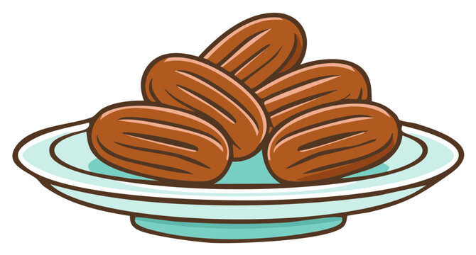 Sweet dried dates stacked neatly on a light blue plate for healthy eating illustration