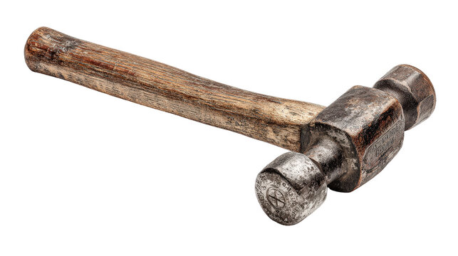Vintage hammer with worn wooden handle background isolated on a Transparent background, PNG file.