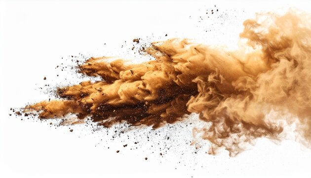 Dynamic brown dust explosion on white background, abstract powder cloud, sand particles flying in air, dirt splash