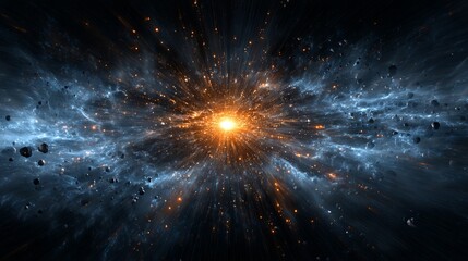 Abstract cosmic energy explosion with glowing blue and orange particles in dark space background futuristic sci fi plasma burst fantasy light effect