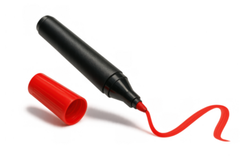 Red marker pen creating a wavy line with its cap off, lying next to it. Stationery item for writing and drawing