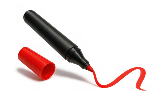 Red marker pen creating a wavy line with its cap off, lying next to it. Stationery item for writing and drawing