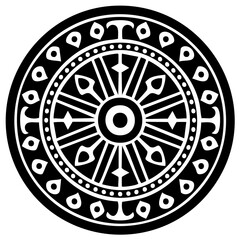 Fototapeta premium Dharma Wheel Symbol in Black and White Circular Design with Arrows and Ornamentation