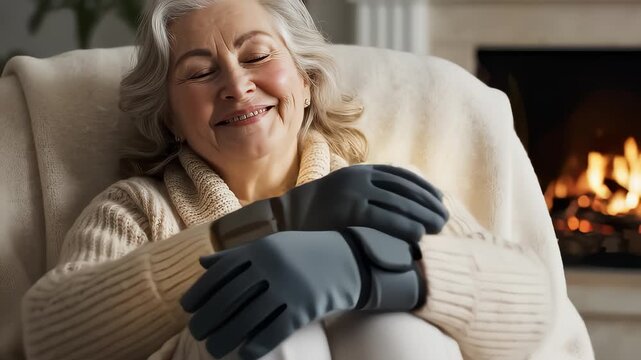 Mature Woman Receiving Hand Therapy Using Modern Warming Gloves