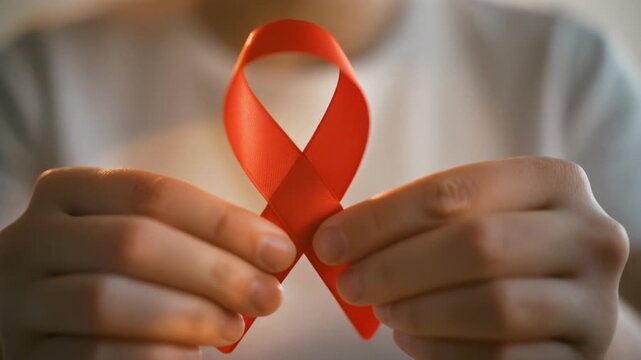 Person holding a red ribbon symbol for HIV awareness