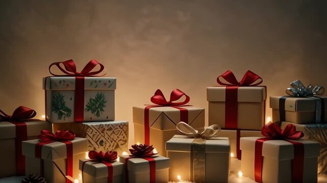 Festive assortment of wrapped holiday gifts adorned with ribbons and bows, set against a warm, softly lit background, creating a celebratory atmosphere