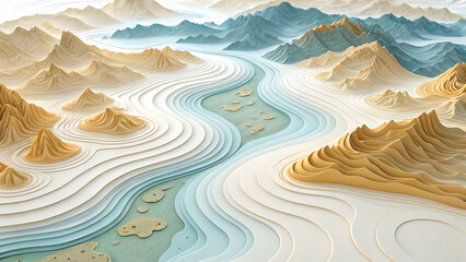 An abstract aerial view of a serene river winding through majestic mountains, rendered in soft pastel tones and intricate layered textures, creating a soothing landscape