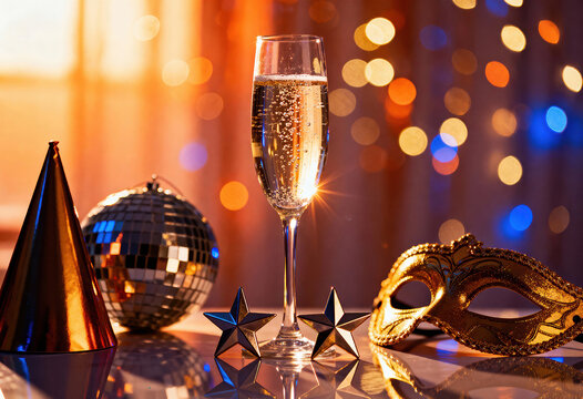 Christmassy happy new year decoration with champagne glass, masquerade mask, disco ball, bokeh background - Powered by Adobe