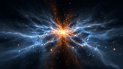 Abstract cosmic energy explosion with glowing blue and orange particles in dark space background futuristic sci fi plasma burst fantasy light effect