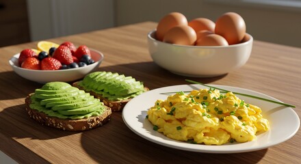 暖かい自然光が優しく降り注ぐ木製テーブル上の豊かな朝食メニューふわふわ卵焼きとスライスアボカドのトーストそして鮮やかベリーが並ぶ健康的で活気に満ちた一日の始まり. AI Generated