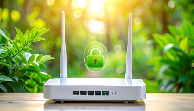 Modern wireless router with antennas, illuminated green padlock, and natural greenery background. Sunlight shines