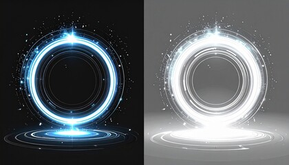 Futuristic Glowing Portal Rings: Blue and White Light Effects on Dark and Gray Backgrounds, Abstract Sci-Fi Energy Circle with Sparks and Shine