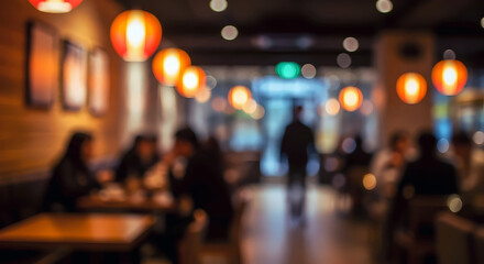 Fototapeta premium Blurred Cafe Background with People and Soft Light Creating a Calm Night Atmosphere