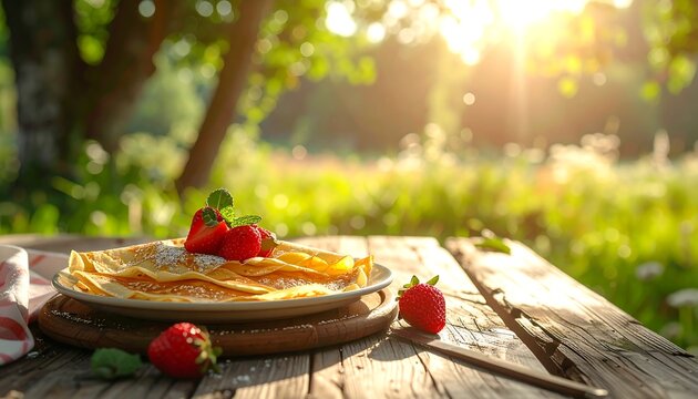 Pancakes with strawberries and mint are served on a plate outdoors, lit by warm sunlight streaming through trees. Wooden table