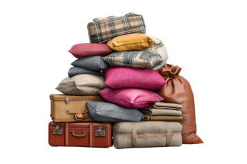 A stack of various pillows, luggage, and a burlap bag against a transparent background