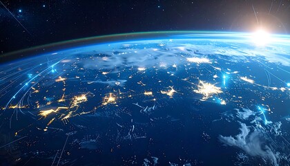 Obraz premium Earth from space at night with city lights and sunrise.