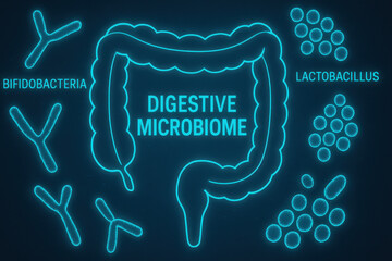 Digestive microbiome gut health concept, scientific diagram showing bifidobacterium and lactobacillus bacterium inside intestine. positive visualization of probiotic function