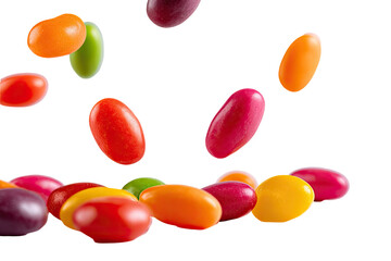 Colorful candy beans in various hues falling onto a pile against a black background