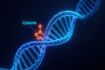 Luminous visualization of DNA epigenome editing concept. This futuristic graphic shows methyl tag on cytosine for genetic regulation, representing groundbreaking discovery