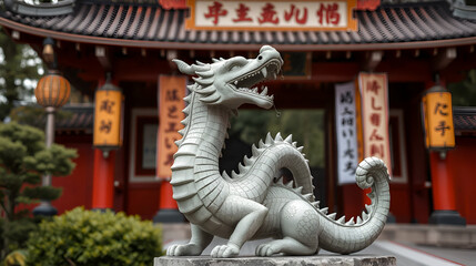 Stone dragon statue at Japanese shrine gateway