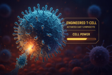 Engineered t cell close up in cinematic immuno oncology scene. biomedical HUD highlights an activated CAR T lymphocyte and cell power in powerful, futuristic cellular battlefield