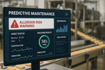 Predictive maintenance UI displays an urgent allergen risk warning on screen. interface shows machine health monitoring on blurred food processing production line background