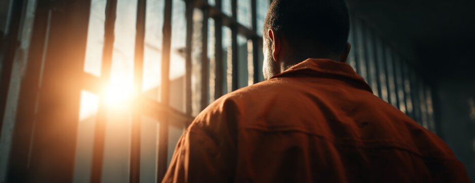 Man in orange jumpsuit looking out of prison cell towards sunlight  