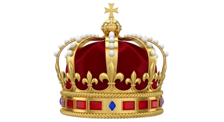 A regal golden crown adorned with red jewels and pearls