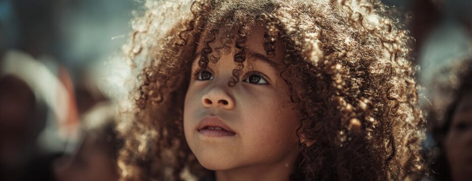 Black child girl with curly hair looking up in crowd at black history month parade  