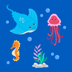 Hand drawn cute sea animals elements set