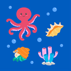 Hand drawn cute sea animals elements set