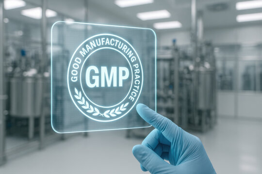 Focused GMP hologram interaction with gloved hand demonstrates advanced technology in pharmaceutical production. sterile cleanroom for quality assurance and process control