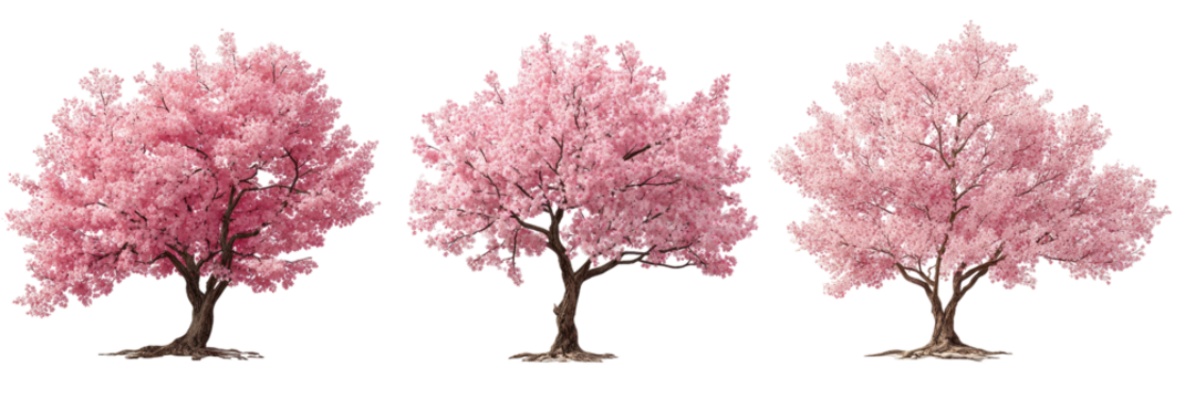 Three blossoming trees with vibrant pink foliage and dark brown trunks, isolated on black