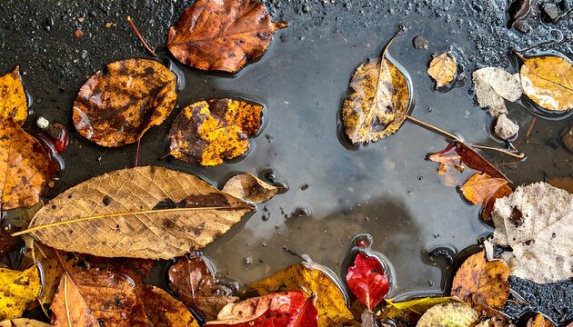 Close-up of fallen autumn leaves in a puddle on a dark surface