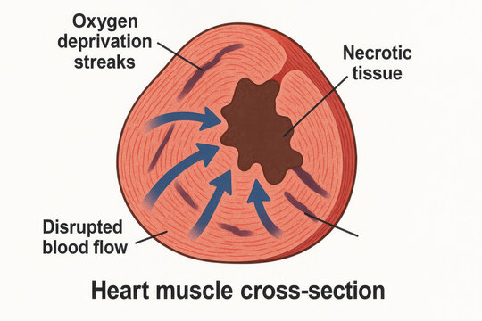 Heart muscle cross section serious medical illustration for cardiology showing disease. Anatomy diagram with necrotic tissue, oxygen deprivation and disrupted blood flow