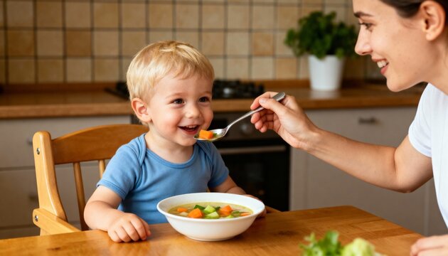 Joyful toddler gleefully accepts spoon of healthy soup from smiling mother in warm kitchen