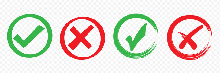 Check tick mark icon set. Cross box x check mark checkbox v list vector draw hand drawn sketch doodle brush marker checklist symbol wrong right circle. Vector Illustration. Red, Green, Black color EPS © BEST TOP CRAFT