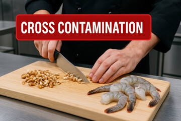 Cross contamination food safety mistake showing chef cutting nut allergen next to raw seafood on same board. dangerous kitchen practice highlighting serious health risk