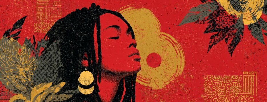 Black woman with braided hair gazing peacefully against a red background, heritage month or black history month concept