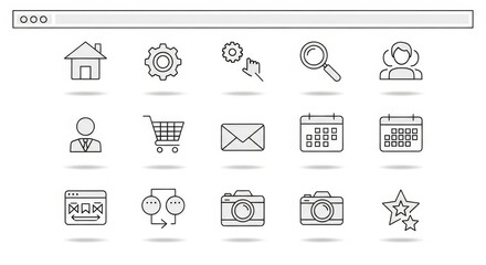 minimalist line art illustration of digital interface icons arranged in a grid layout