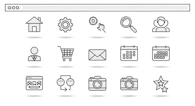 minimalist line art illustration of digital interface icons arranged in a grid layout