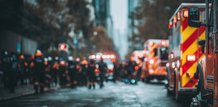Emergency services responding to a scene on a city street  