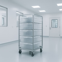 Rolling cage trolley in calm, sterile cleanroom. white pharmaceutical laboratory environment with equipment ready for logistics and compliance in professional medical setup