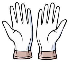 Obraz premium Two cartoon hands wearing disposable medical gloves outstretched palms open